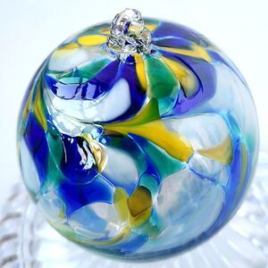Zorza Artisan Mouth Blown Glass Christmas Ornament Large Round Blue Swirl Poland